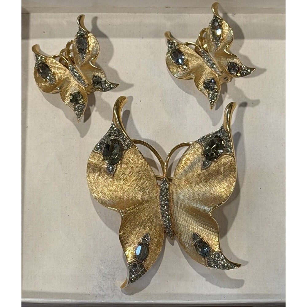 Vintage Crown Trifari Alfred Philippe Butterfly Brooch Pin Clip On Earrings Set